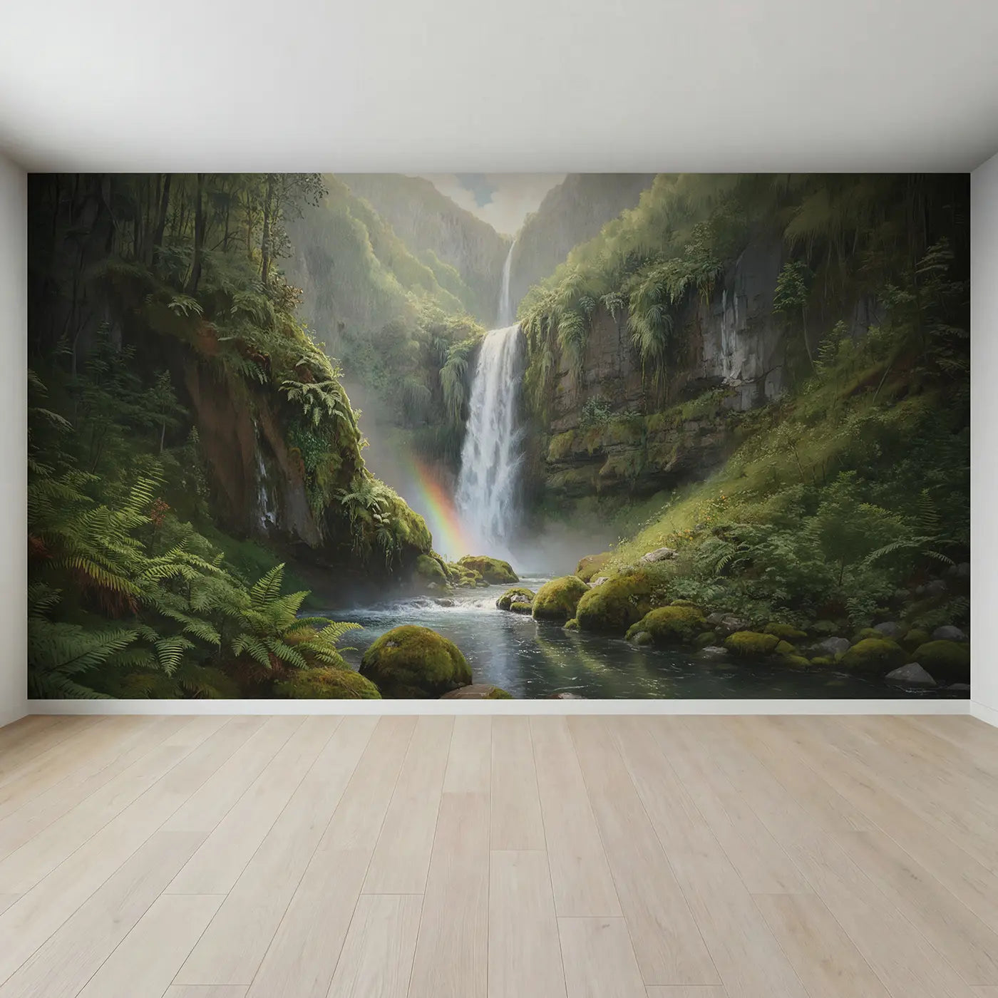 Full view of Mossy Cliff Waterfall Rainbow Valley Wallpaper Mural by Whimsy Tots