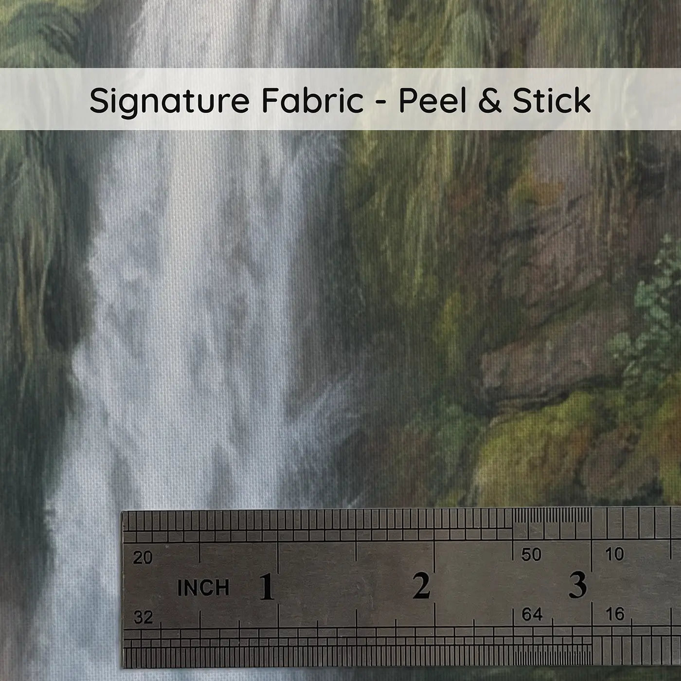Fabric texture close-up of Mossy Cliff Waterfall Rainbow Valley Wallpaper Mural by Whimsy Tots