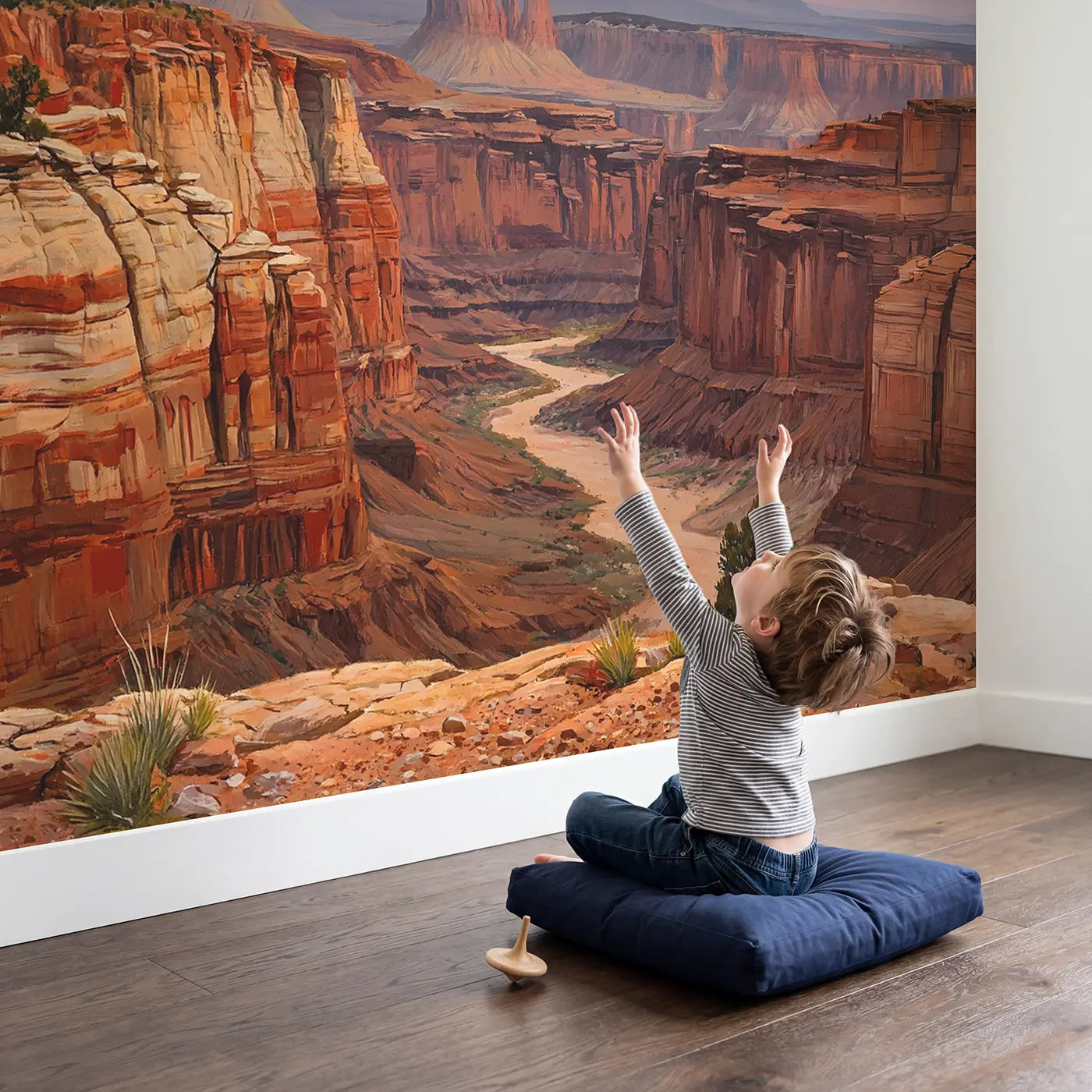 Child in nursery with Terracotta Canyon Country Sunset Wallpaper Mural by Whimsy Tots
