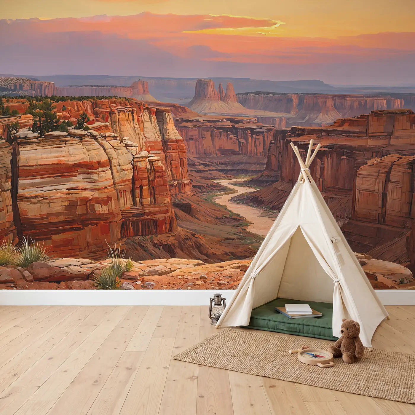 Terracotta Canyon Country Sunset Wallpaper Mural in playroom setting by Whimsy Tots