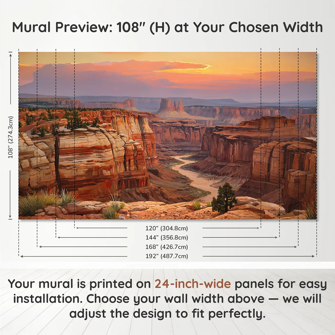 Panel layout and dimensions for Terracotta Canyon Country Sunset Wallpaper Mural by Whimsy Tots