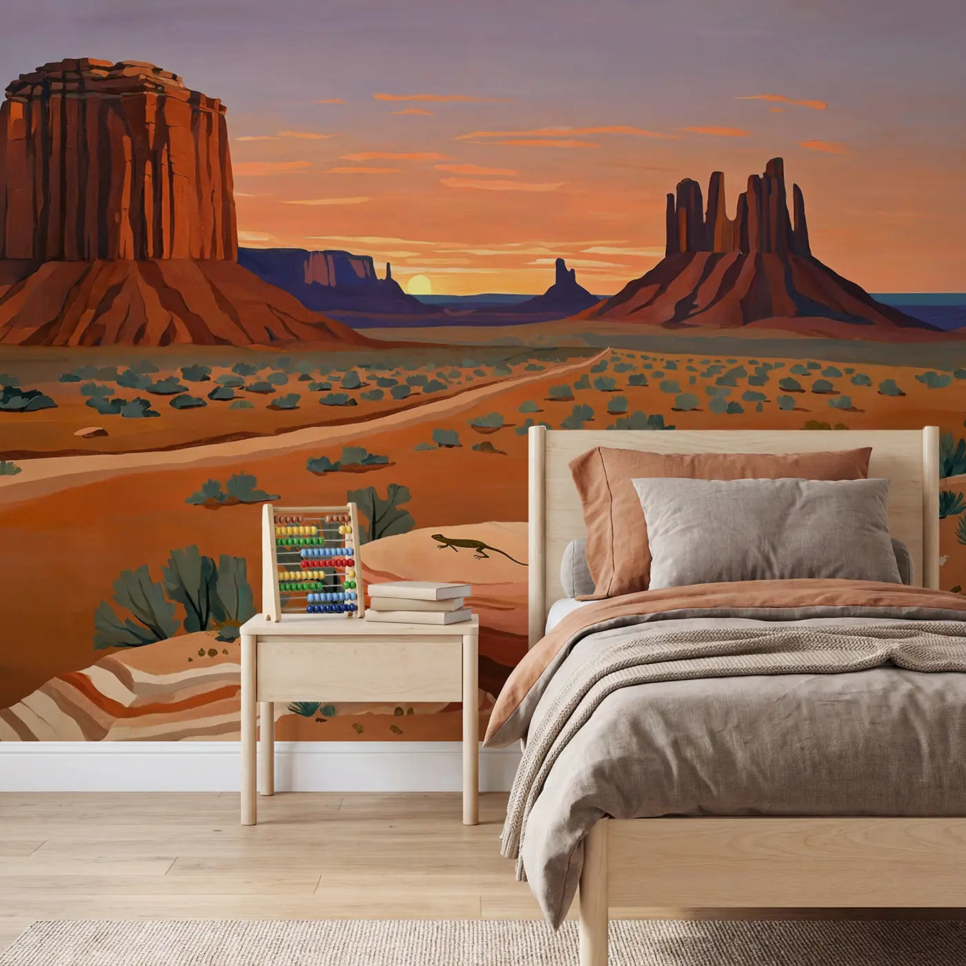 Modern illustration mesa and butte formations wallpaper mural for kids room by Whimsy Tots