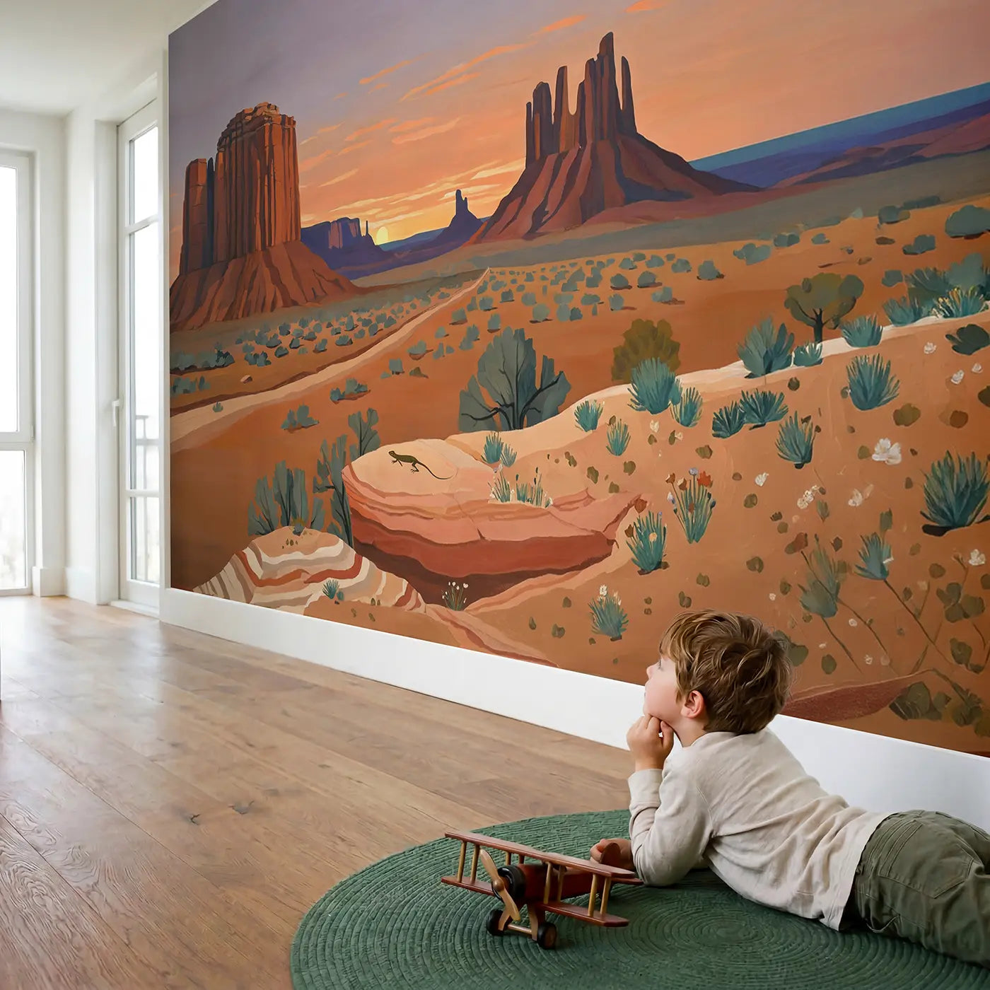 Child in nursery with Mesa and Butte Southwest Wallpaper Mural by Whimsy Tots