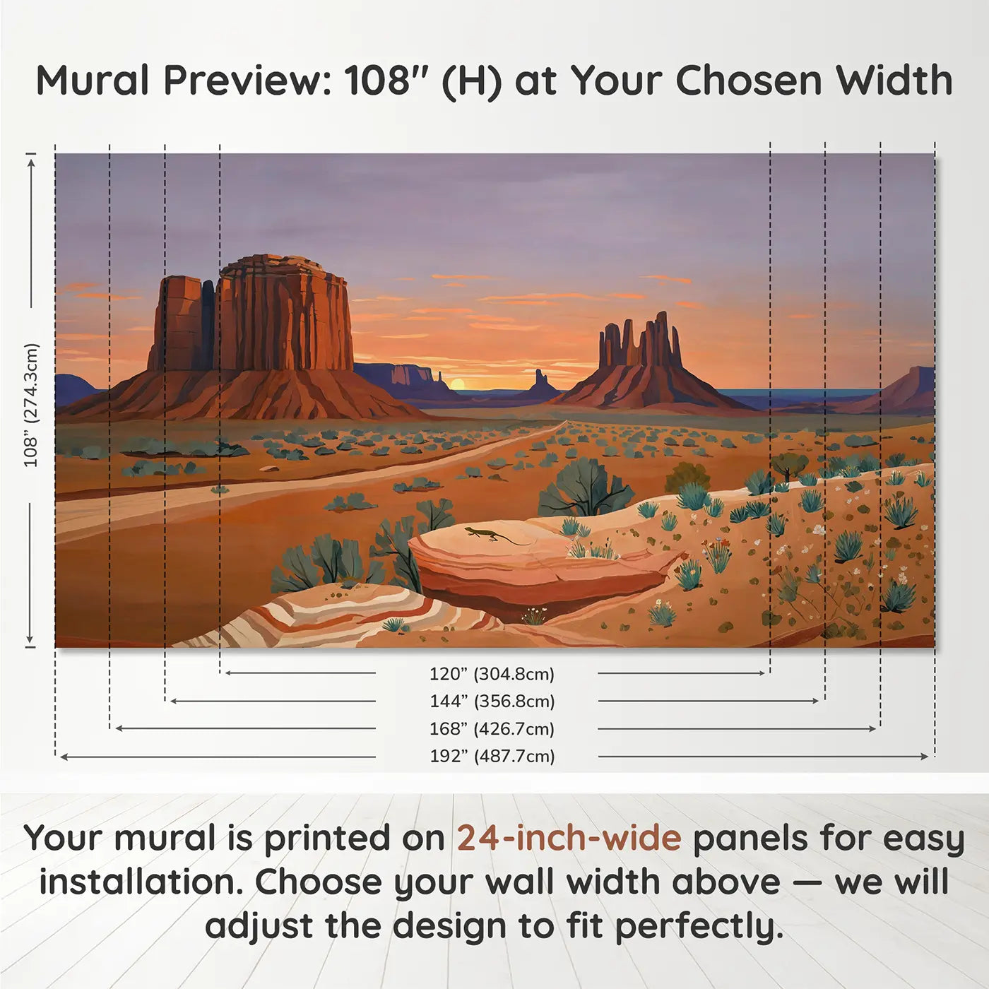 Panel layout and dimensions for Mesa and Butte Southwest Wallpaper Mural by Whimsy Tots