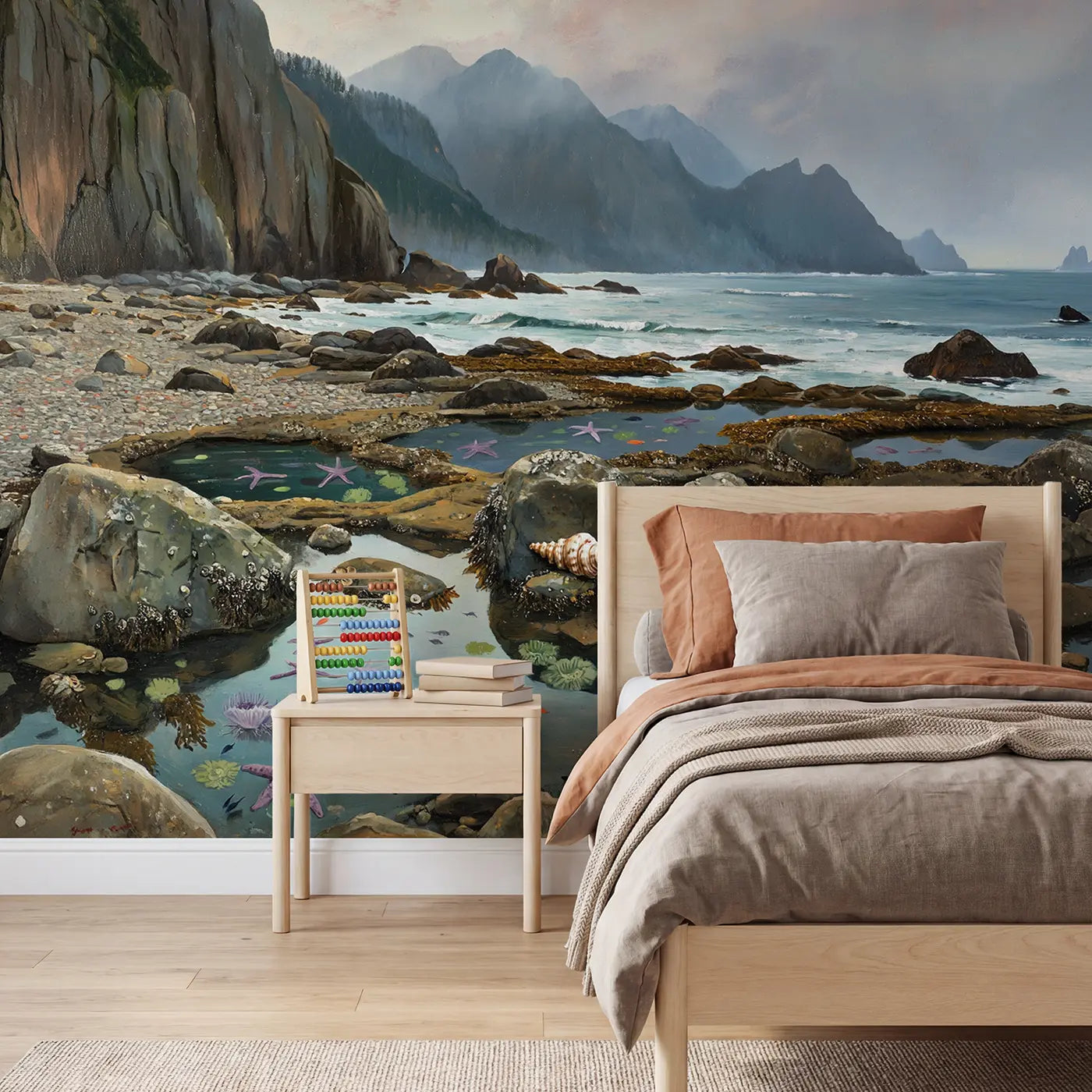 Painted landscape mountain tide pool shore wallpaper mural for kids room by Whimsy Tots