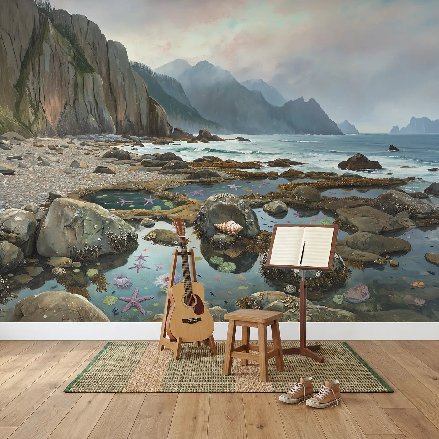 Mountain Tide Pool Shore Wallpaper Mural in playroom setting by Whimsy Tots