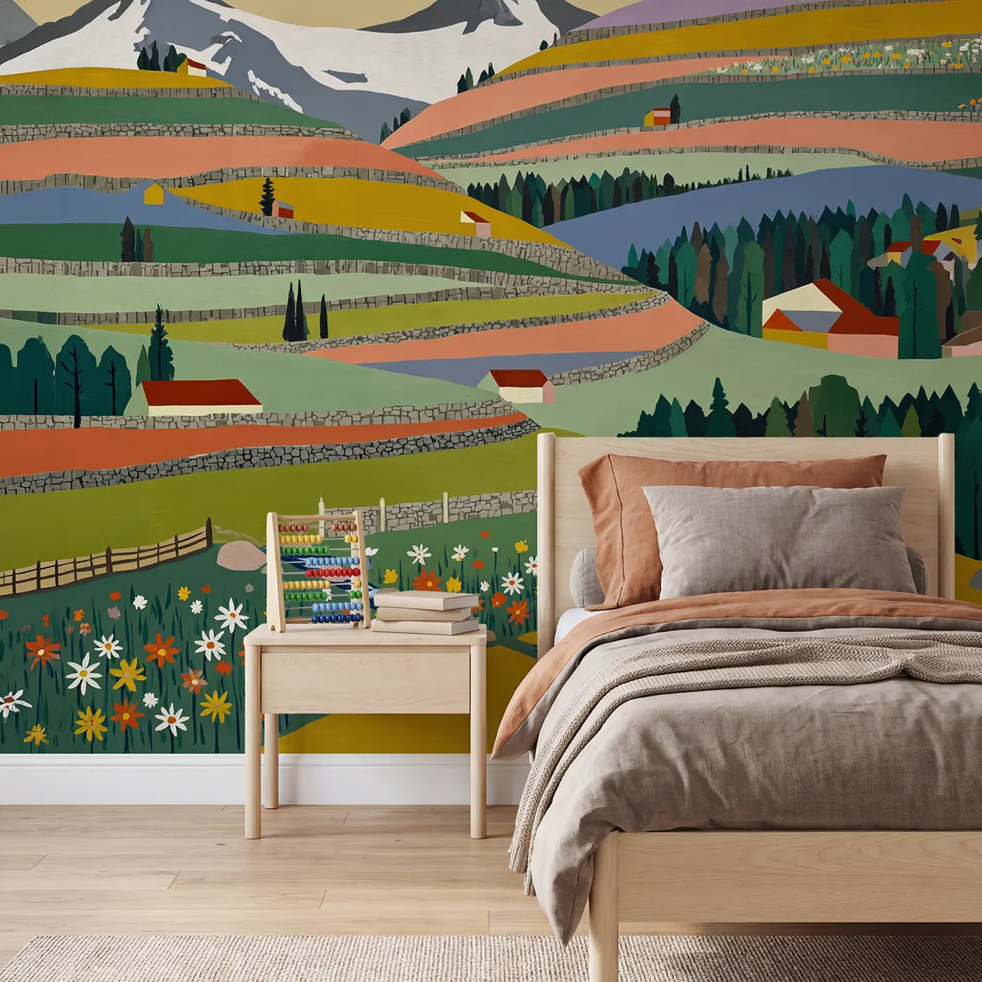 Modern illustration mountain and meadow mountain wallpaper mural for kids room by Whimsy Tots