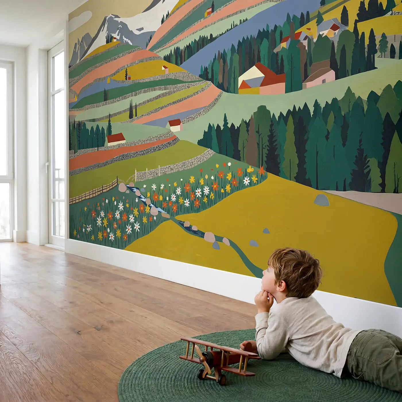Child in nursery with Alpine Wildflower Terraces Wallpaper Mural by Whimsy Tots