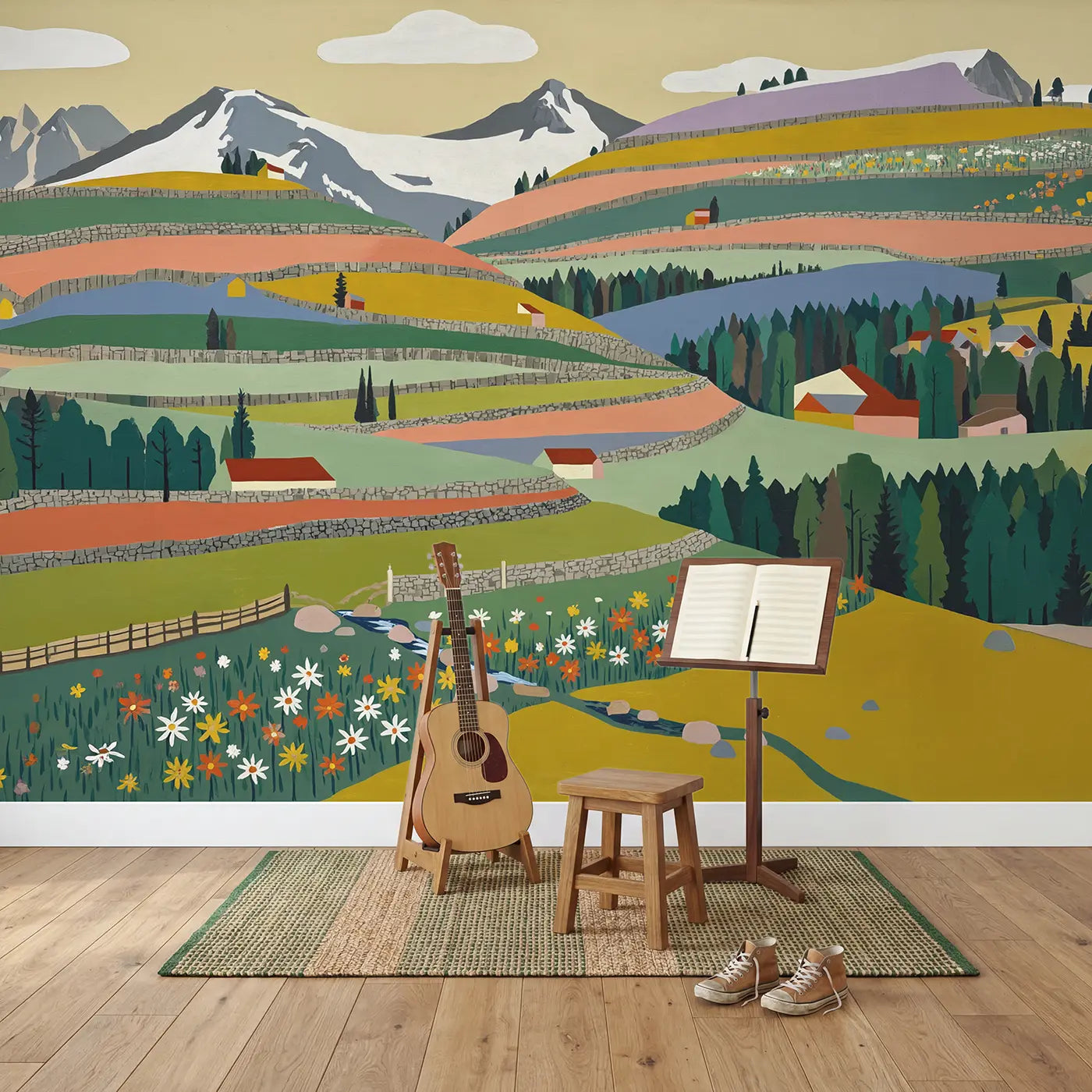 Alpine Wildflower Terraces Wallpaper Mural in playroom setting by Whimsy Tots