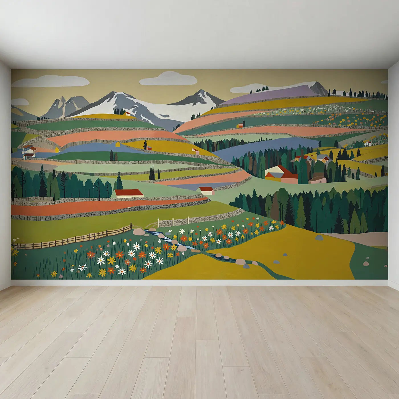 Full view of Alpine Wildflower Terraces Wallpaper Mural by Whimsy Tots