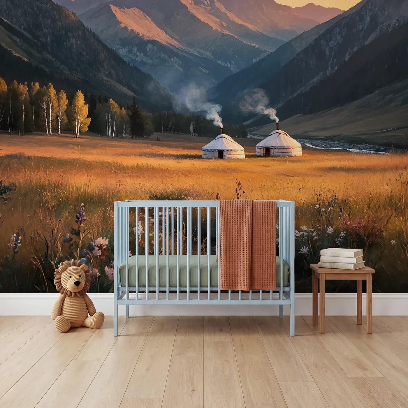 Soft pastel mountain yurt camp valley wallpaper mural for kids room by Whimsy Tots