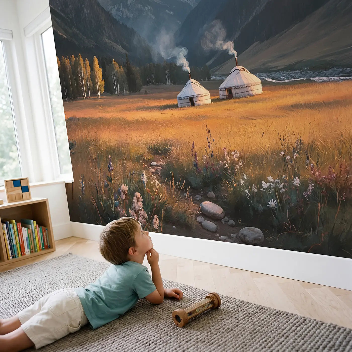 Child in nursery with Mountain Yurt Camp Wallpaper Mural by Whimsy Tots
