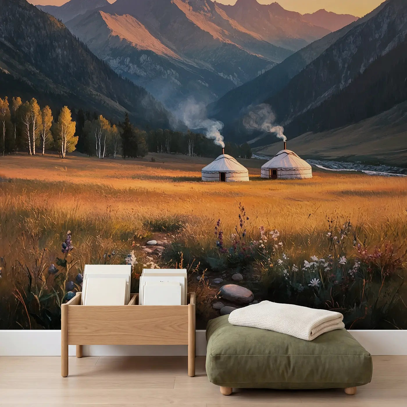Mountain Yurt Camp Wallpaper Mural in playroom setting by Whimsy Tots