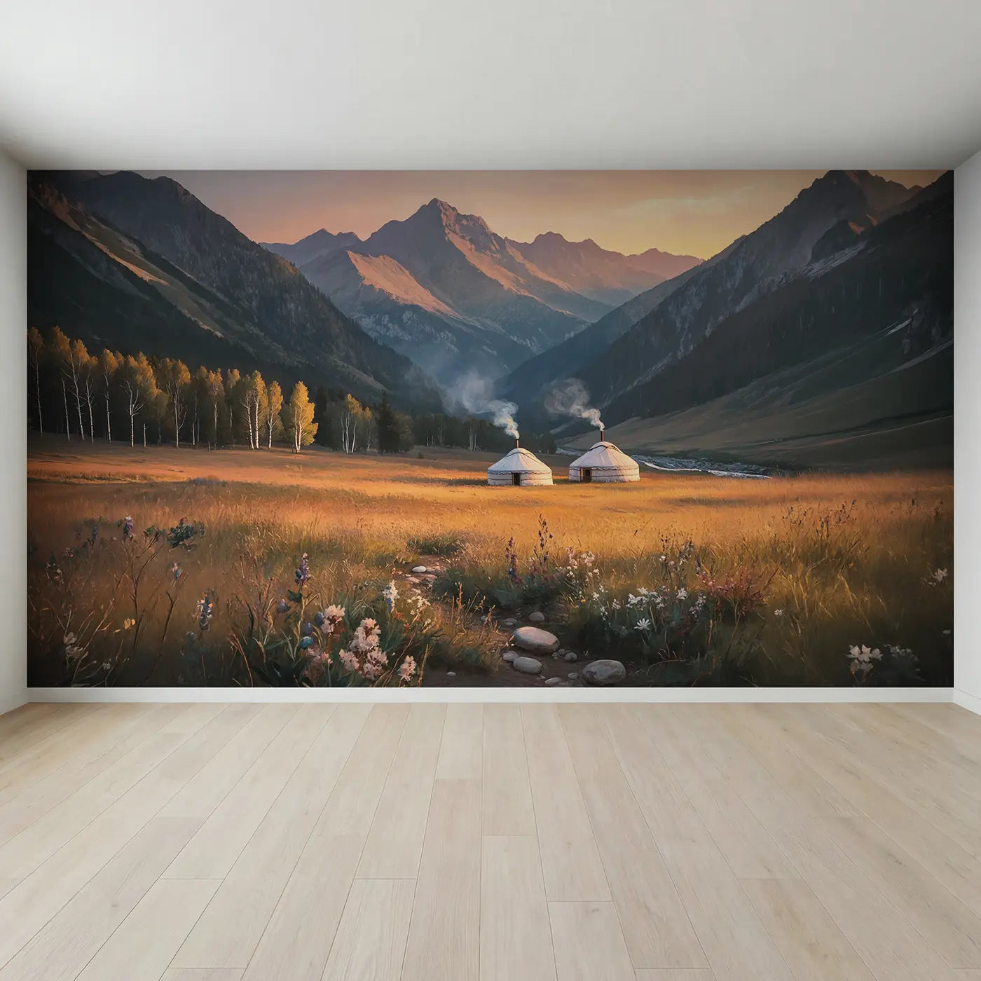 Full view of Mountain Yurt Camp Wallpaper Mural by Whimsy Tots