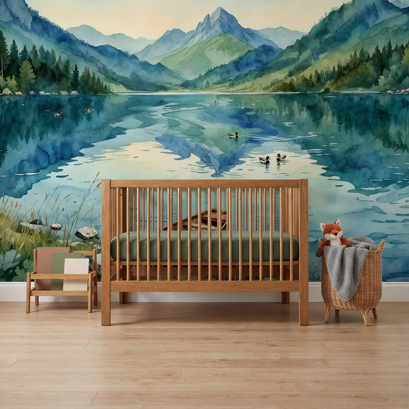 Watercolor rippled mountain lake reflection wallpaper mural for nursery by Whimsy Tots