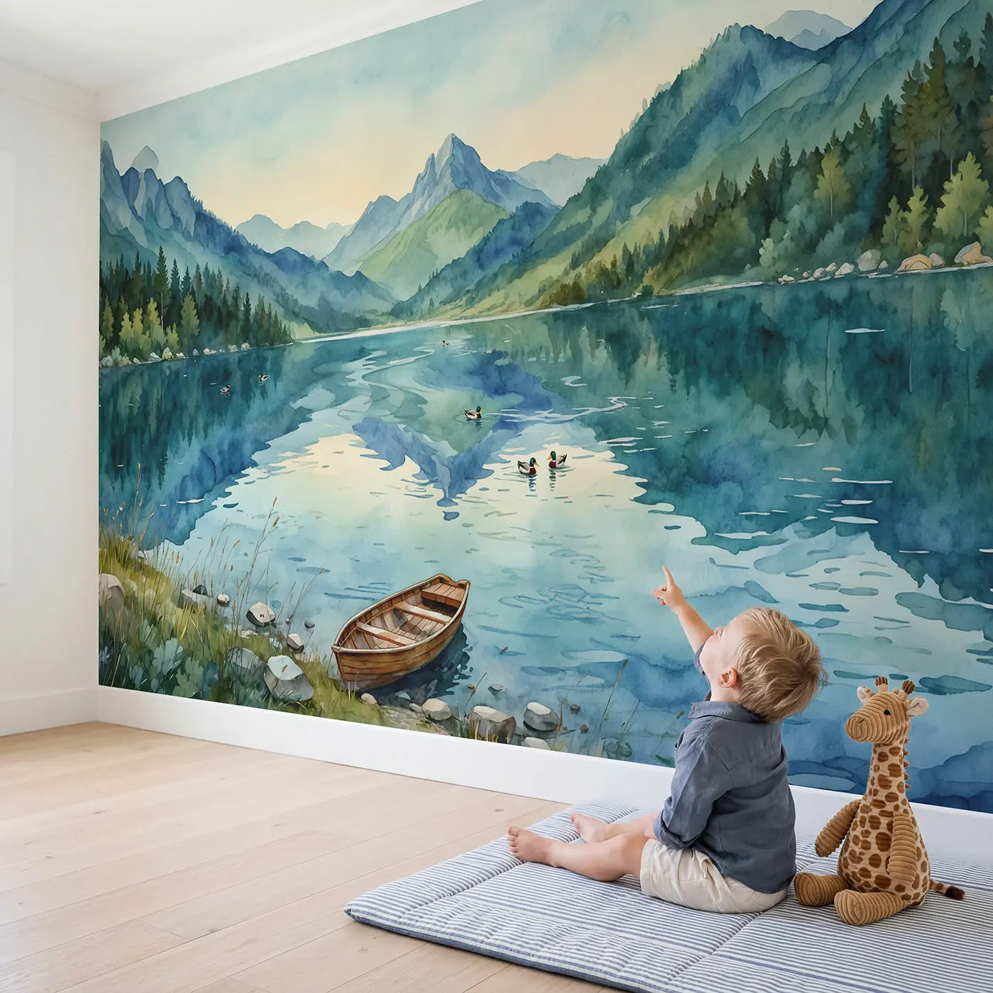 Child in nursery with Rippled Mountain Lake Reflection Wallpaper Mural by Whimsy Tots