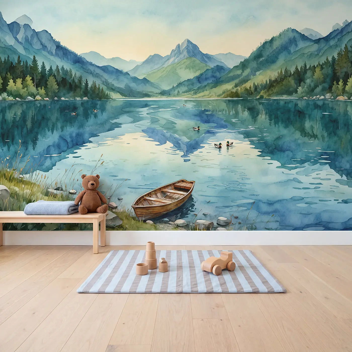 Rippled Mountain Lake Reflection Wallpaper Mural in playroom setting by Whimsy Tots