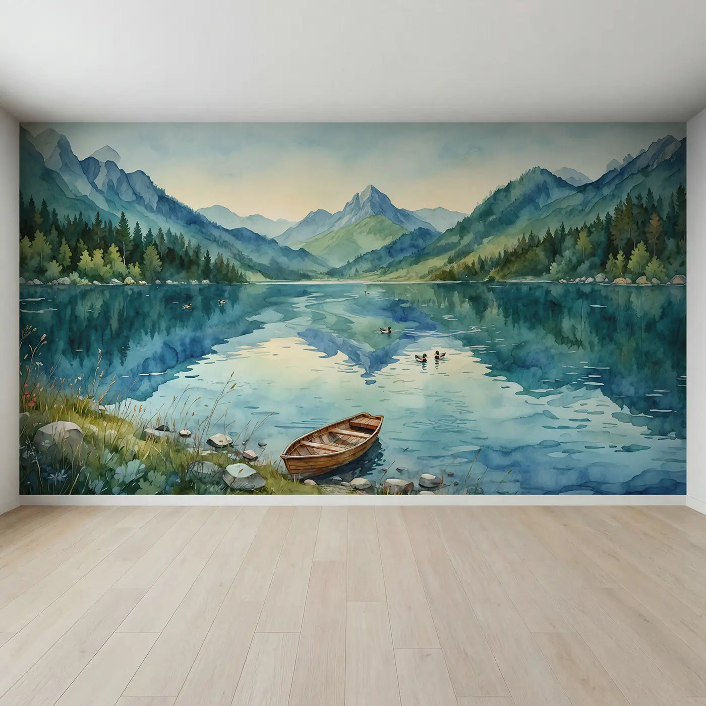 Full view of Rippled Mountain Lake Reflection Wallpaper Mural by Whimsy Tots