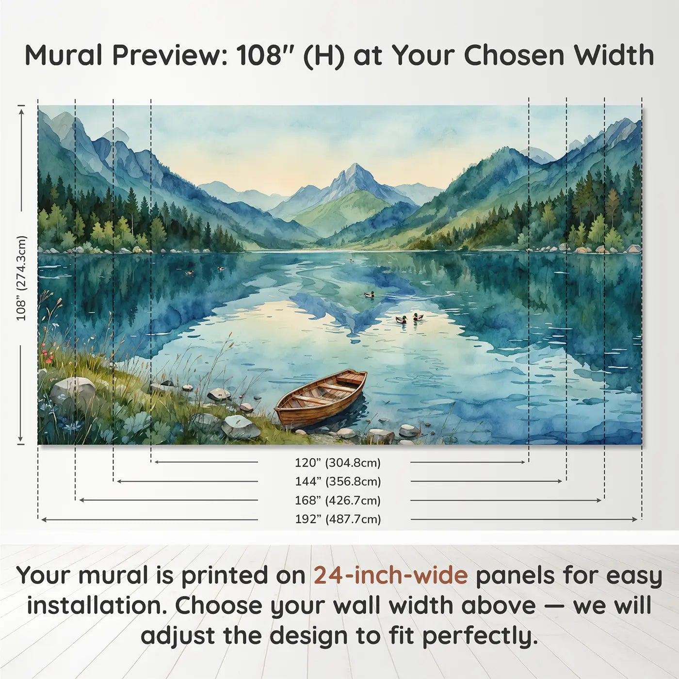 Panel layout and dimensions for Rippled Mountain Lake Reflection Wallpaper Mural by Whimsy Tots