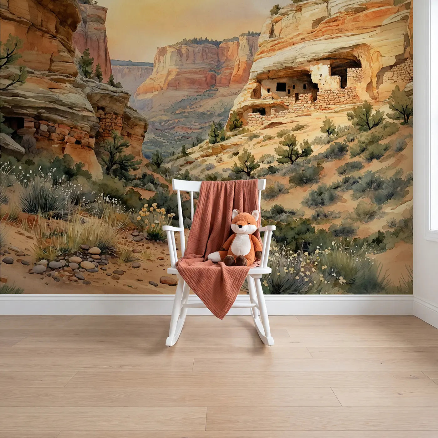 Watercolor cliff dwelling valley sunset wallpaper mural for girls room by Whimsy Tots