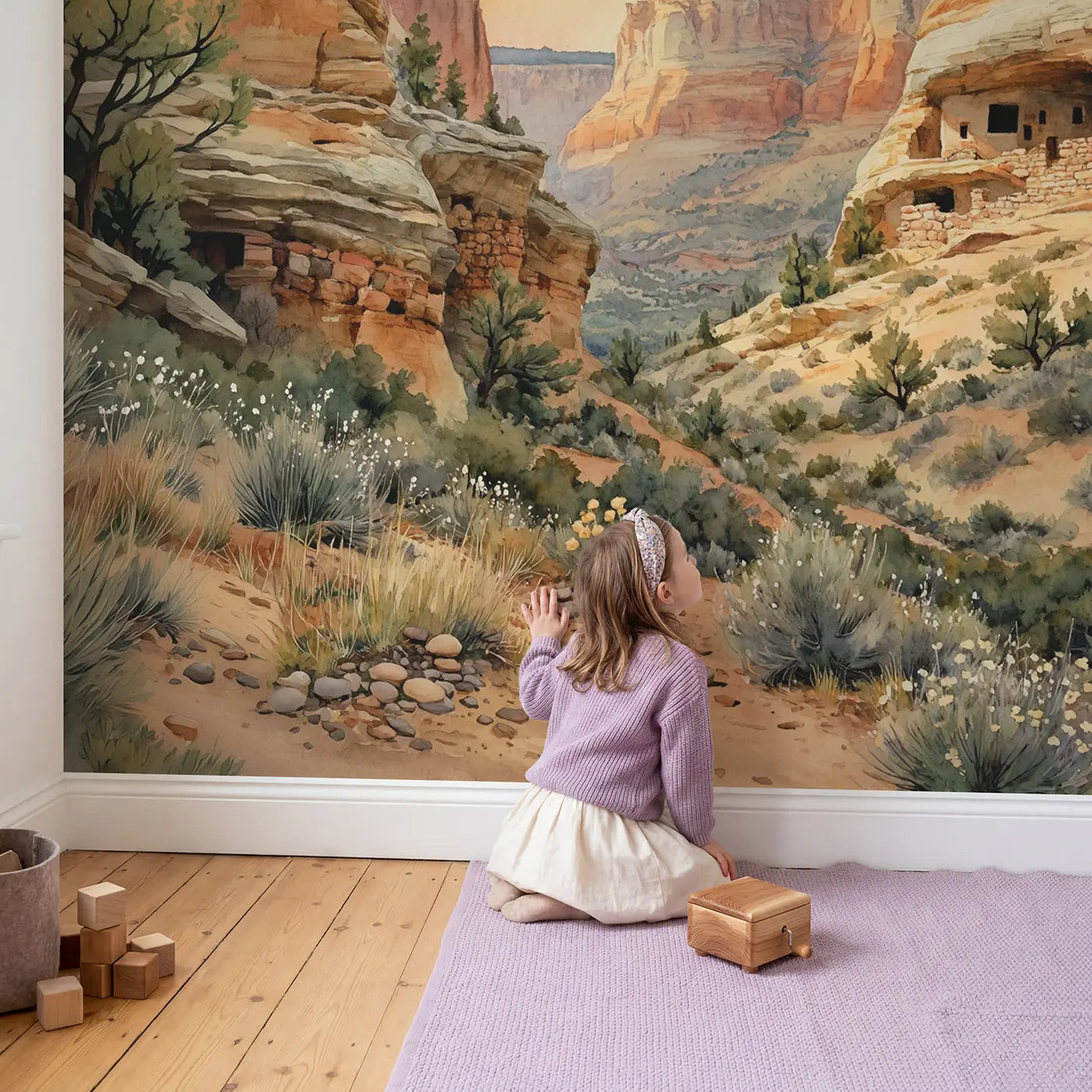 Child in nursery with Ancient Cliff Dwelling Wallpaper Mural by Whimsy Tots