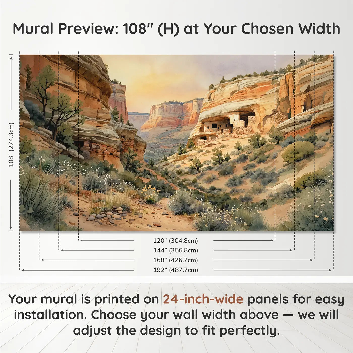 Panel layout and dimensions for Ancient Cliff Dwelling Wallpaper Mural by Whimsy Tots