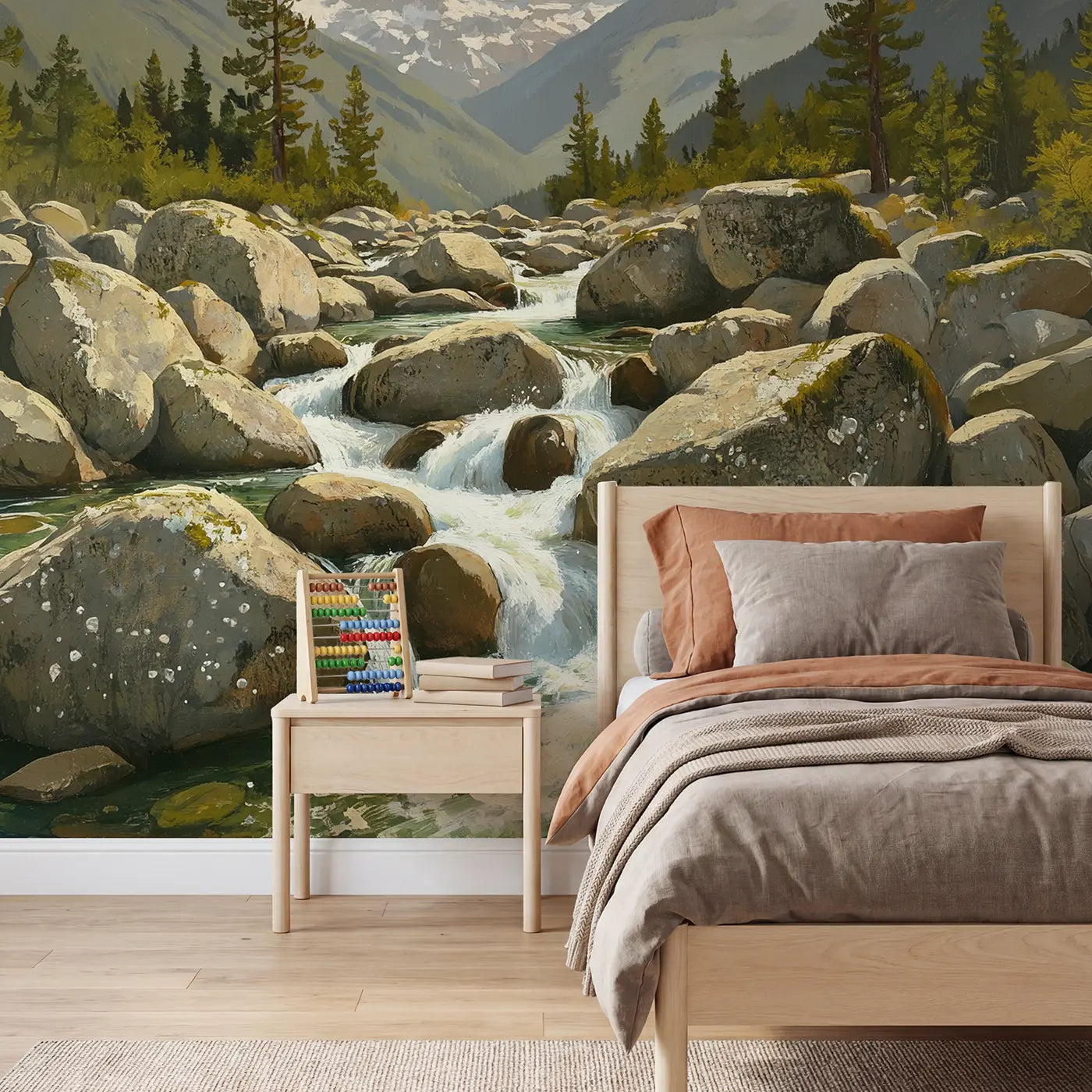 Painted Landscape mountain boulder stream rapids wallpaper mural for kids room by Whimsy Tots