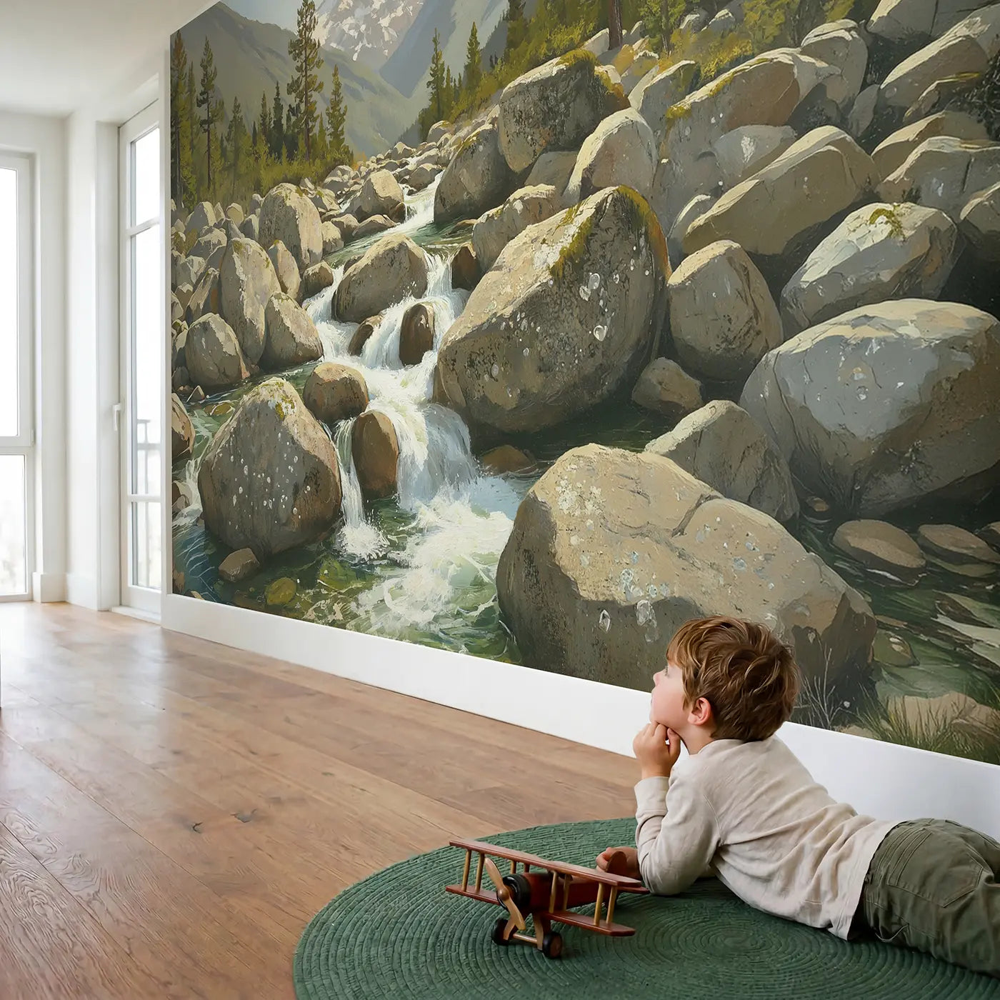 Child in nursery with Mountain Boulder Stream Rapids Wallpaper Mural by Whimsy Tots