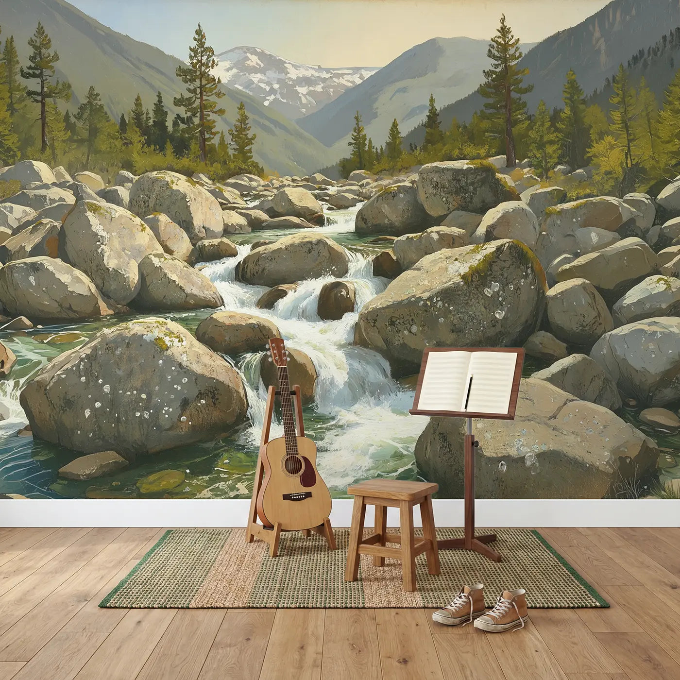 Mountain Boulder Stream Rapids Wallpaper Mural in playroom setting by Whimsy Tots