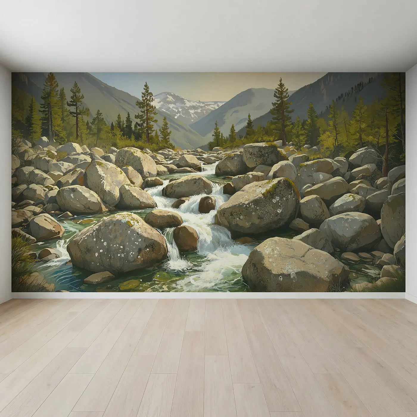 Full view of Mountain Boulder Stream Rapids Wallpaper Mural by Whimsy Tots