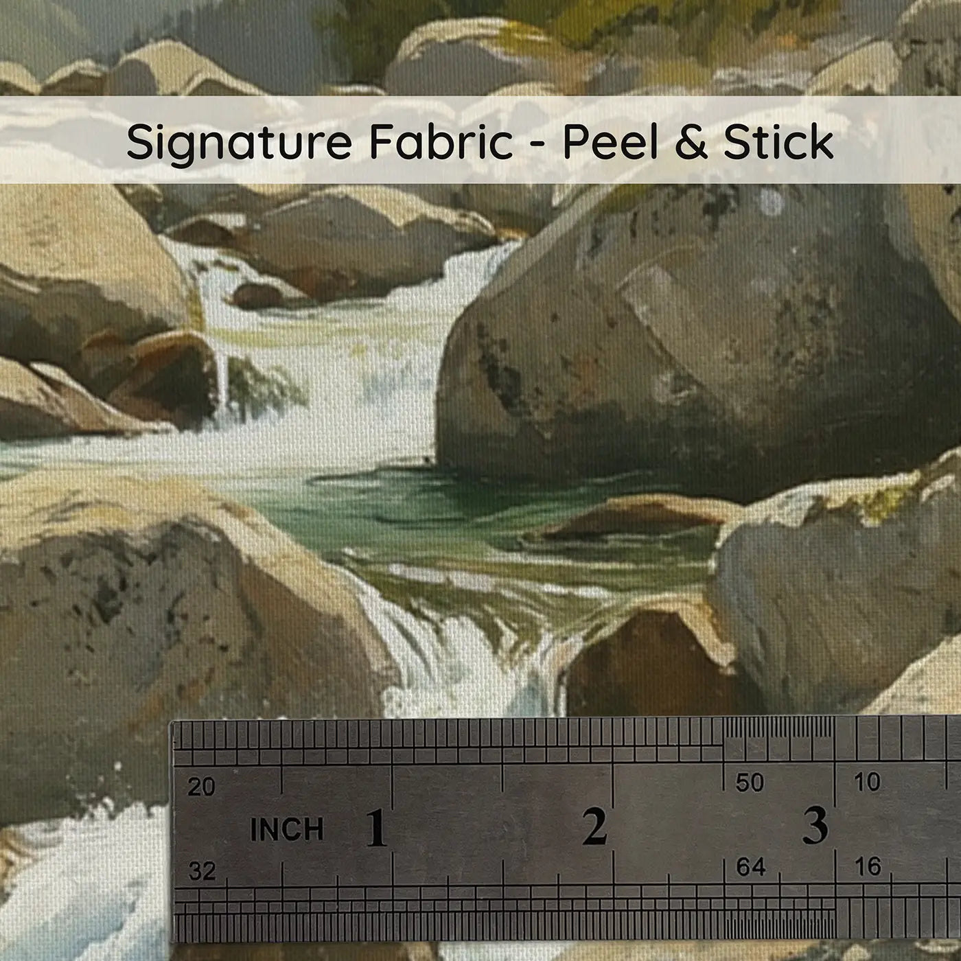Fabric texture close-up of Mountain Boulder Stream Rapids Wallpaper Mural by Whimsy Tots