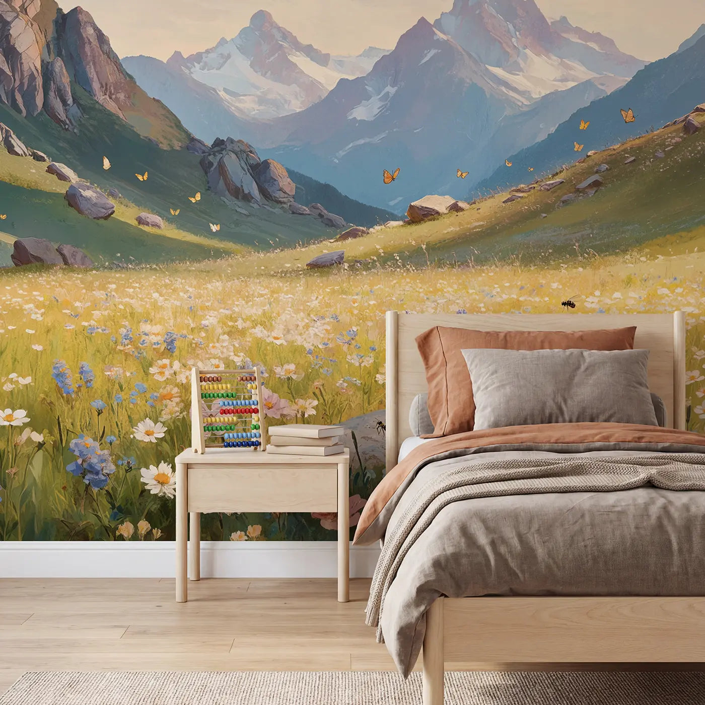 Soft pastel mountain and meadow mountain wallpaper mural for kids room by Whimsy Tots