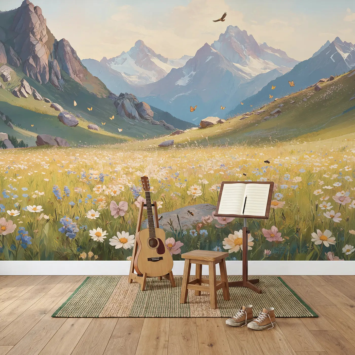 Alpine Meadow and Peaks Wallpaper Mural in playroom setting by Whimsy Tots