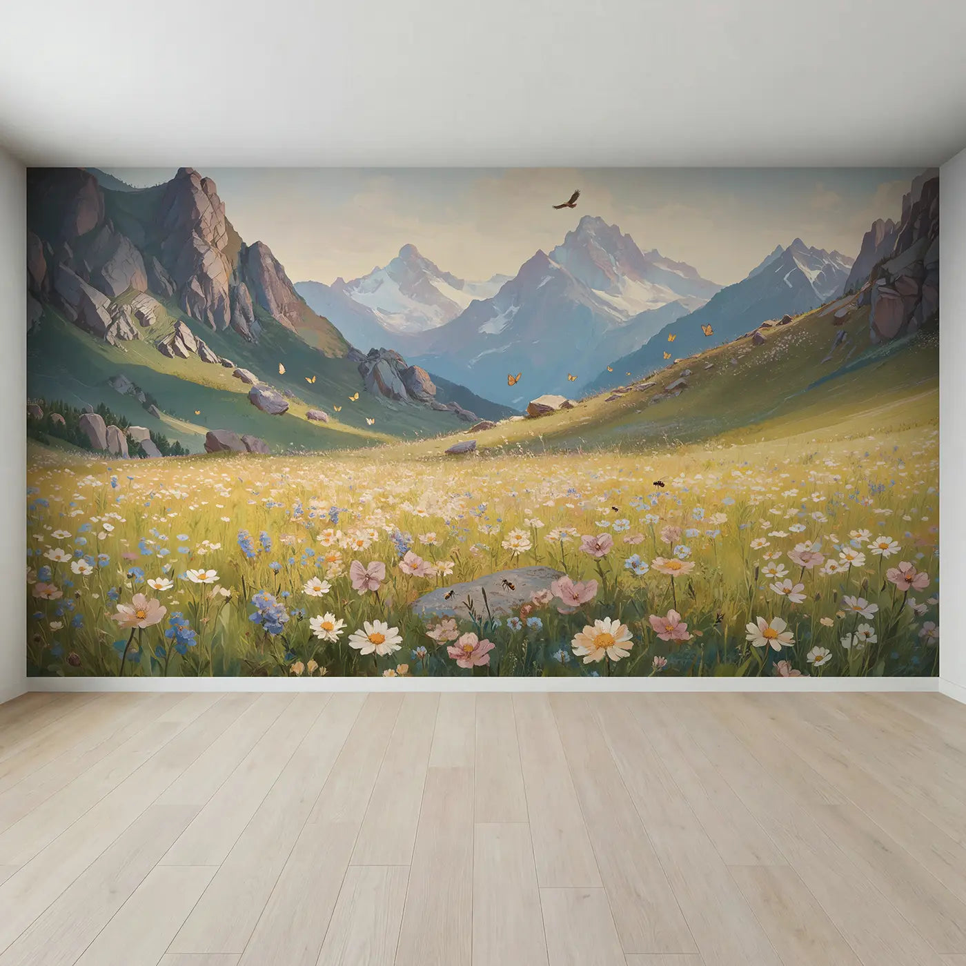 Full view of Alpine Meadow and Peaks Wallpaper Mural by Whimsy Tots