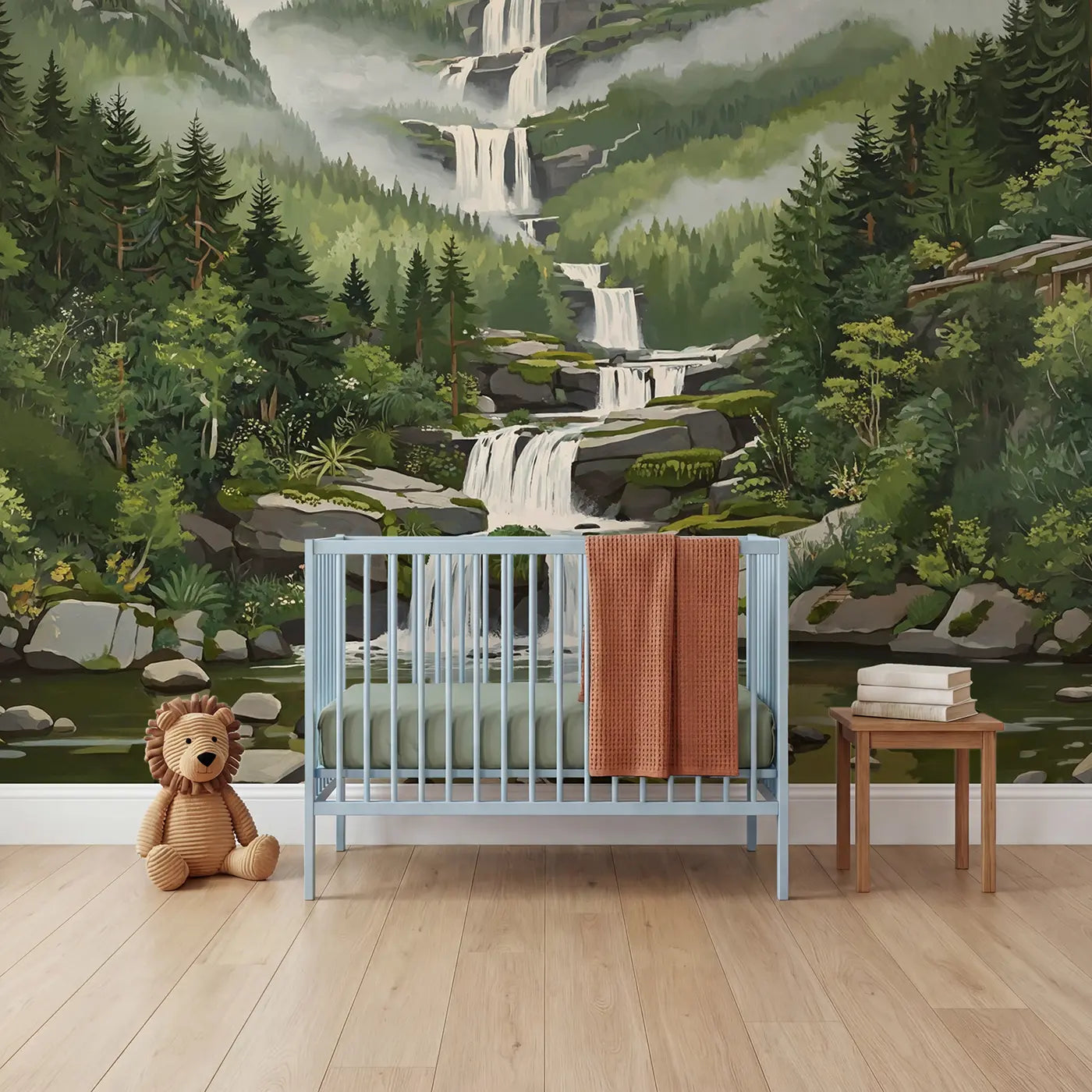 Modern illustration tiered mountain waterfall wallpaper mural for nursery by Whimsy Tots