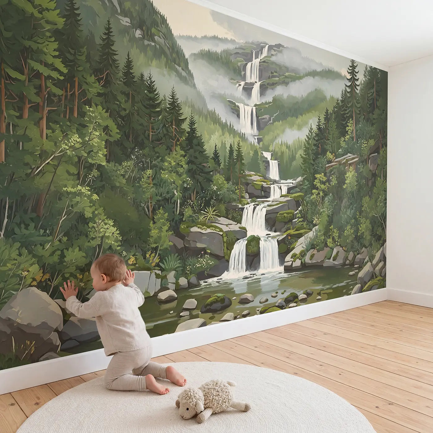 Child in nursery with Tiered Mountain Falls Wallpaper Mural by Whimsy Tots