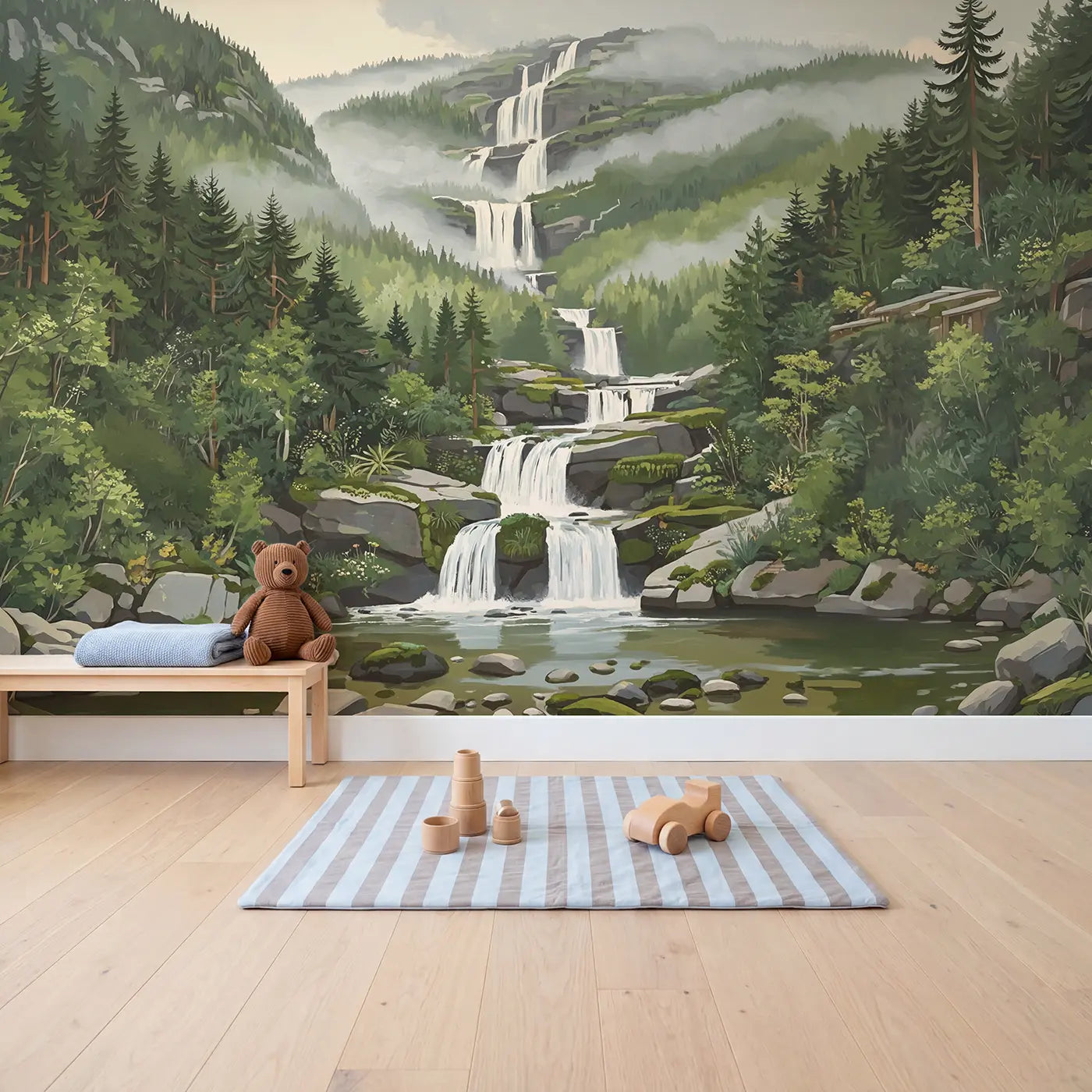 Tiered Mountain Falls Wallpaper Mural in playroom setting by Whimsy Tots