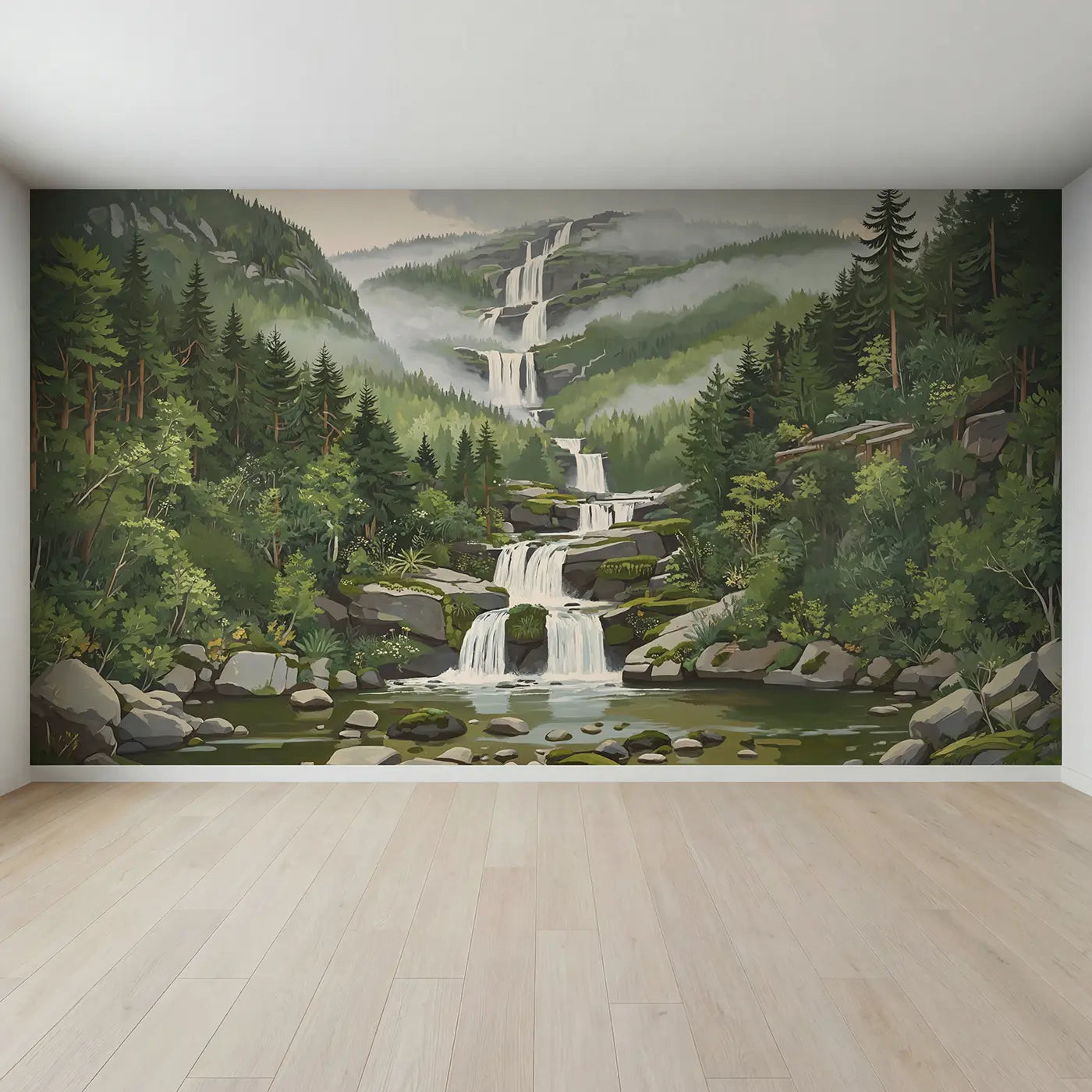 Full view of Tiered Mountain Falls Wallpaper Mural by Whimsy Tots