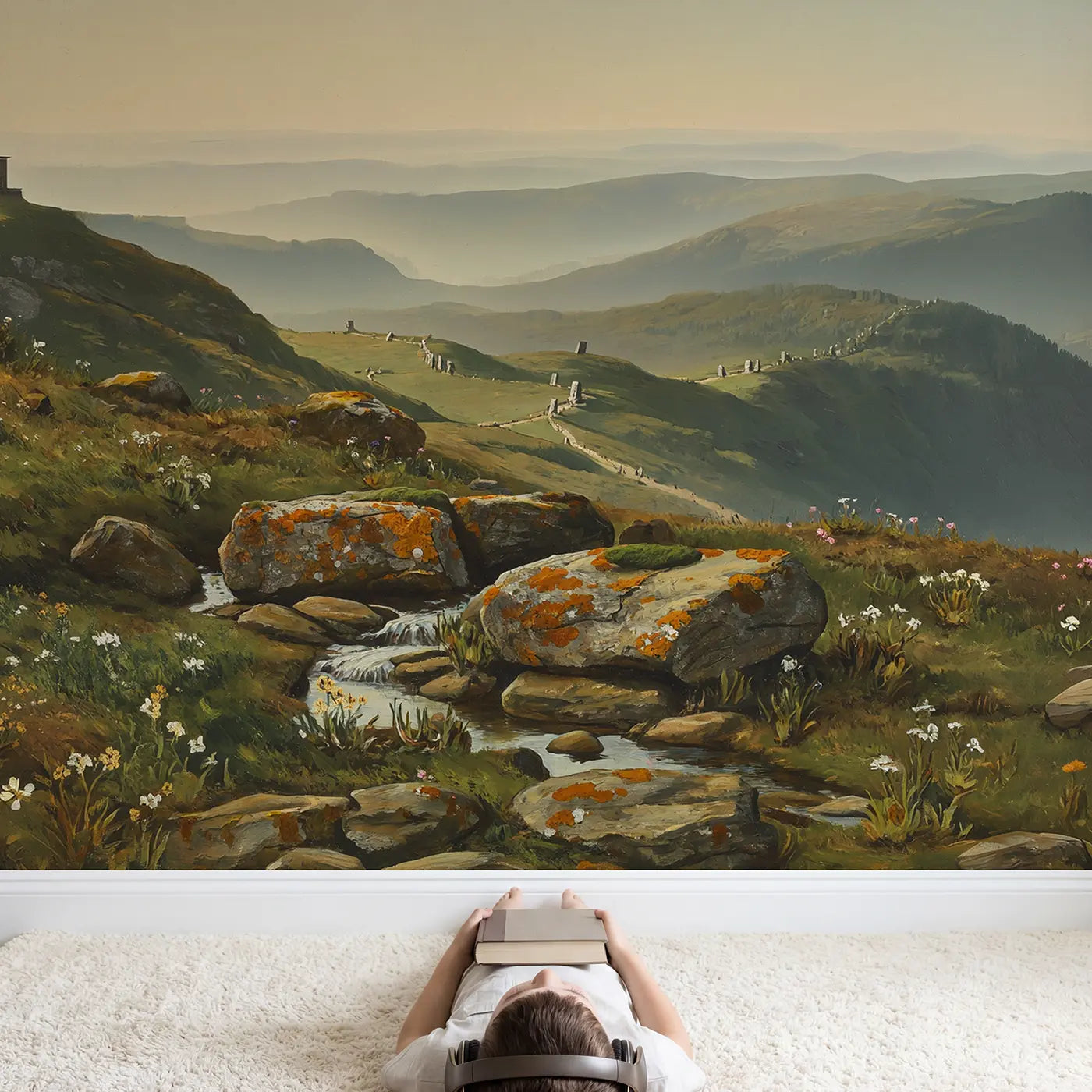 Child in nursery with Ancient Mountain Path Stone Wallpaper Mural by Whimsy Tots