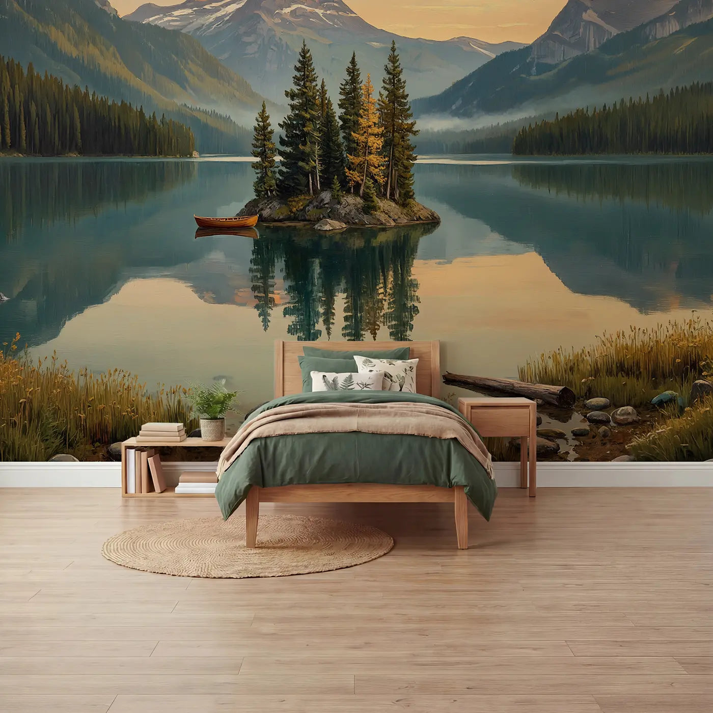 Painted Landscape mountain lake island wallpaper mural for boys room by Whimsy Tots