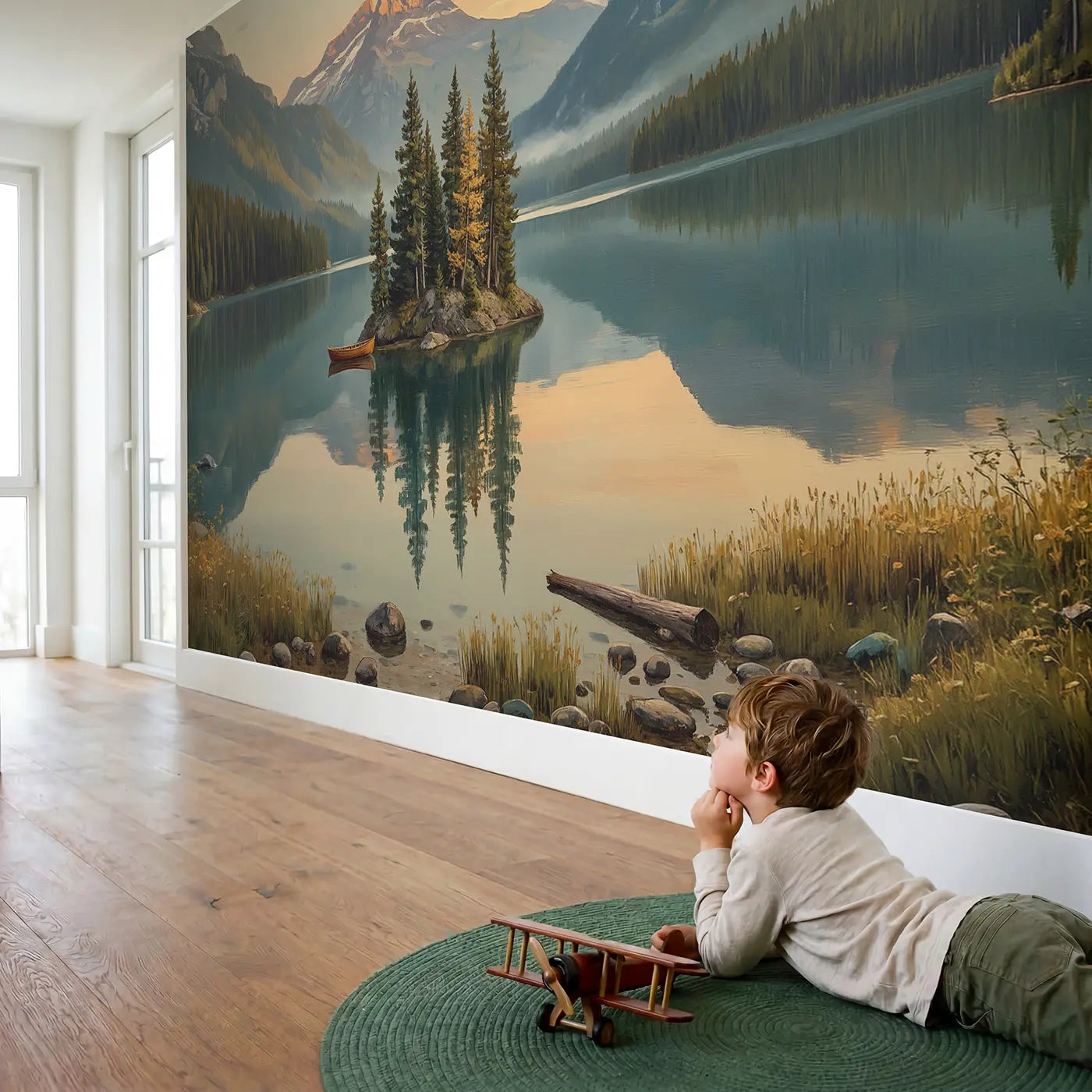 Child in nursery with Mountain Lake Island Wallpaper Mural by Whimsy Tots