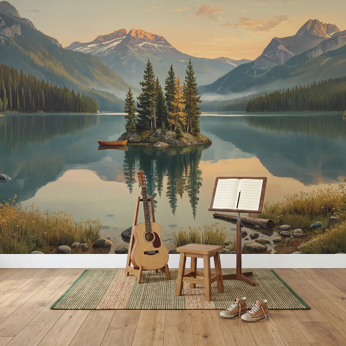 Mountain Lake Island Wallpaper Mural in playroom setting by Whimsy Tots