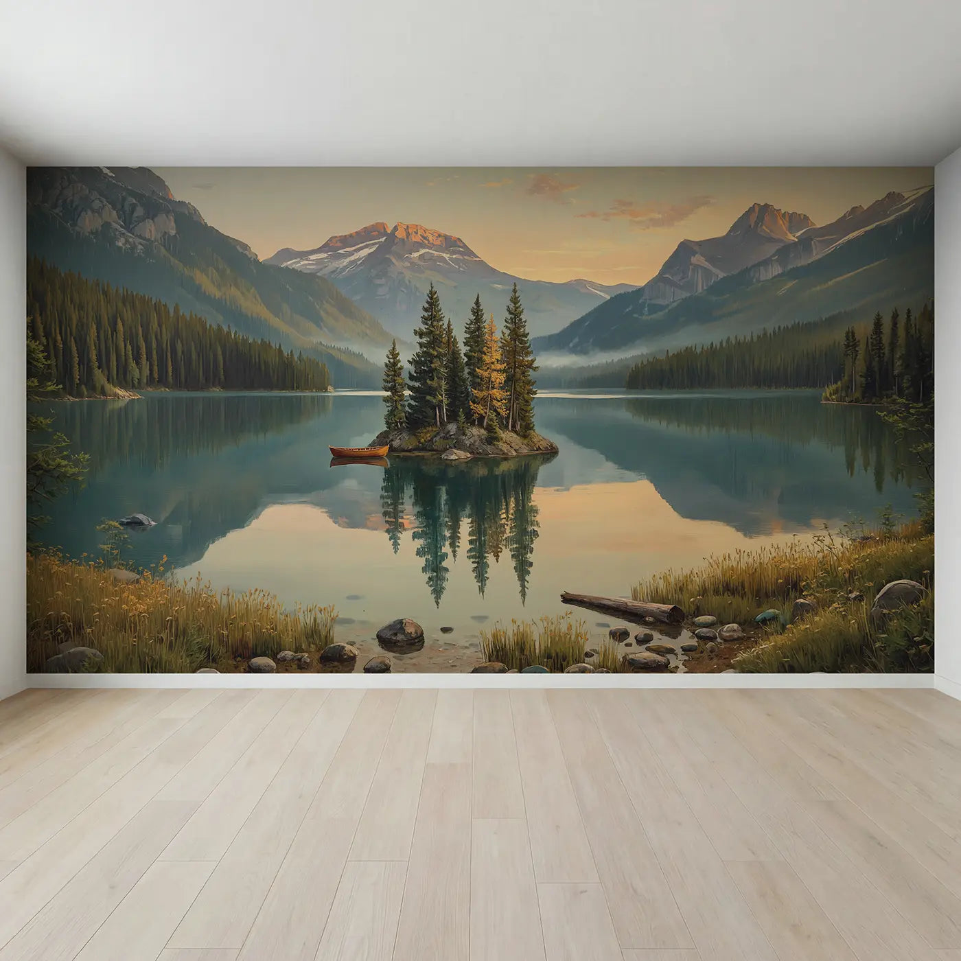 Full view of Mountain Lake Island Wallpaper Mural by Whimsy Tots
