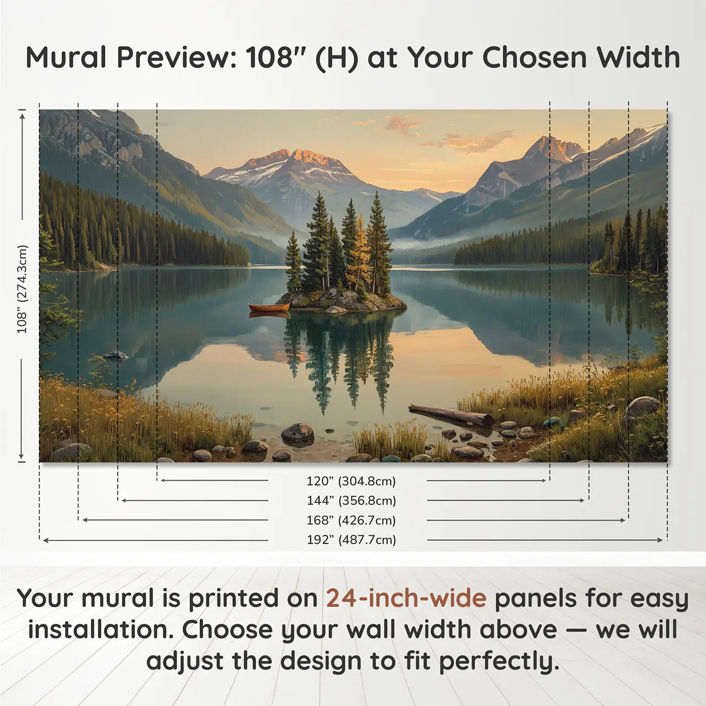 Panel layout and dimensions for Mountain Lake Island Wallpaper Mural by Whimsy Tots