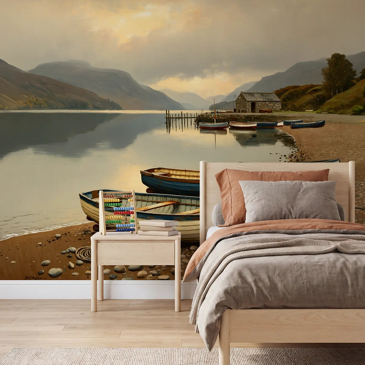 Painted landscape sailboat mountain landscape wallpaper mural for kids room by Whimsy Tots