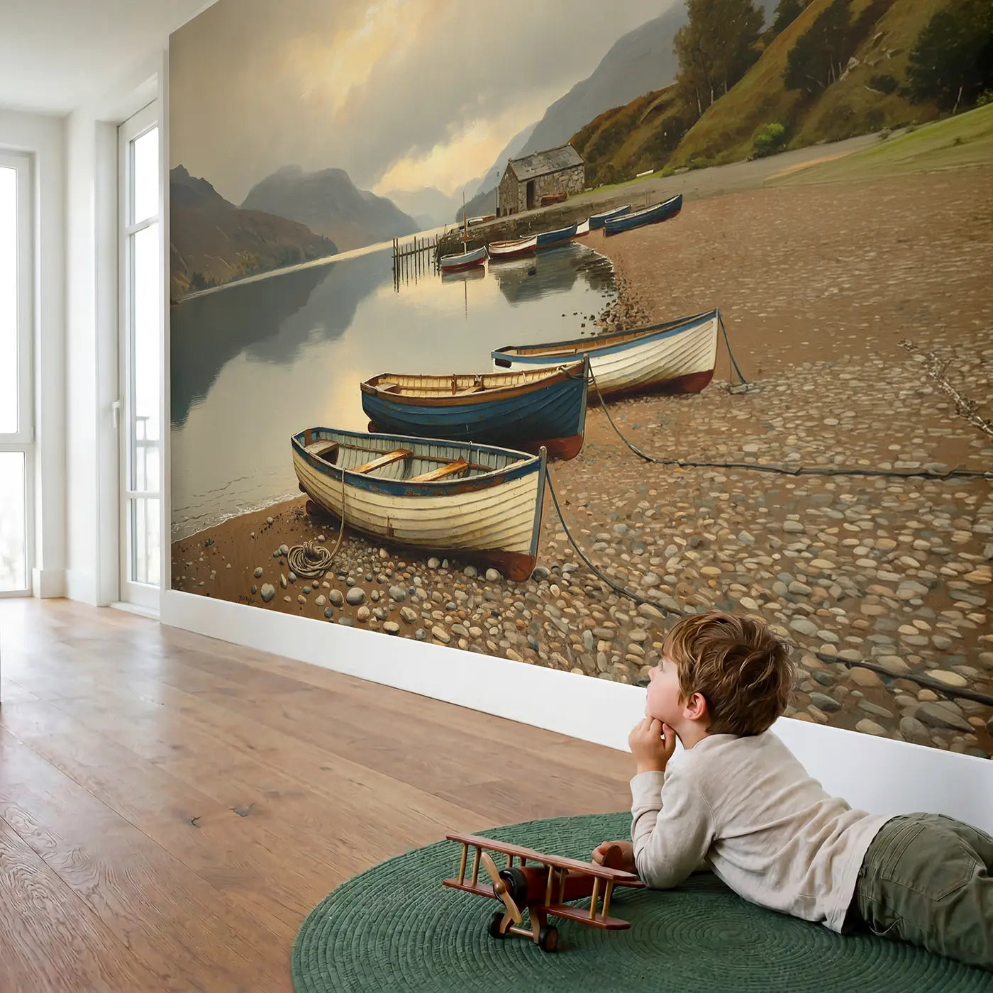 Child in nursery with Highland Loch Fishing Boats Wallpaper Mural by Whimsy Tots