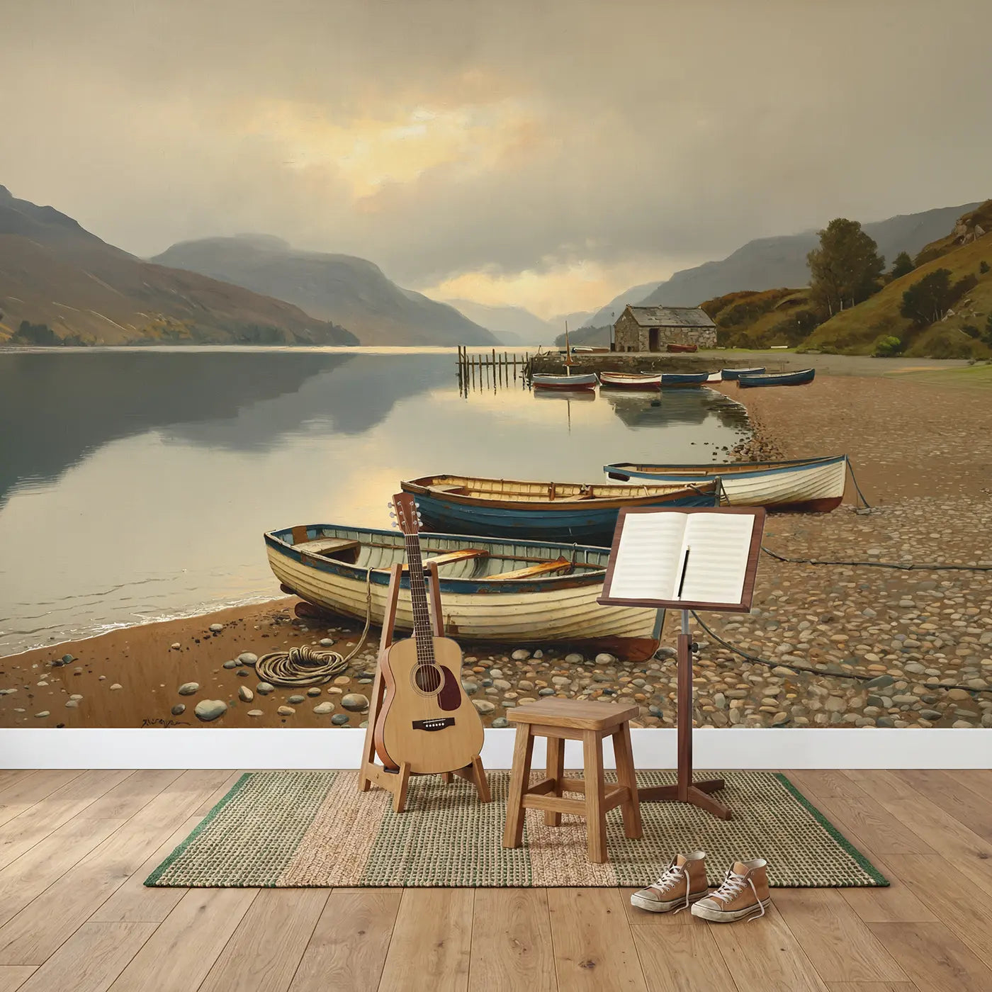 Highland Loch Fishing Boats Wallpaper Mural in playroom setting by Whimsy Tots