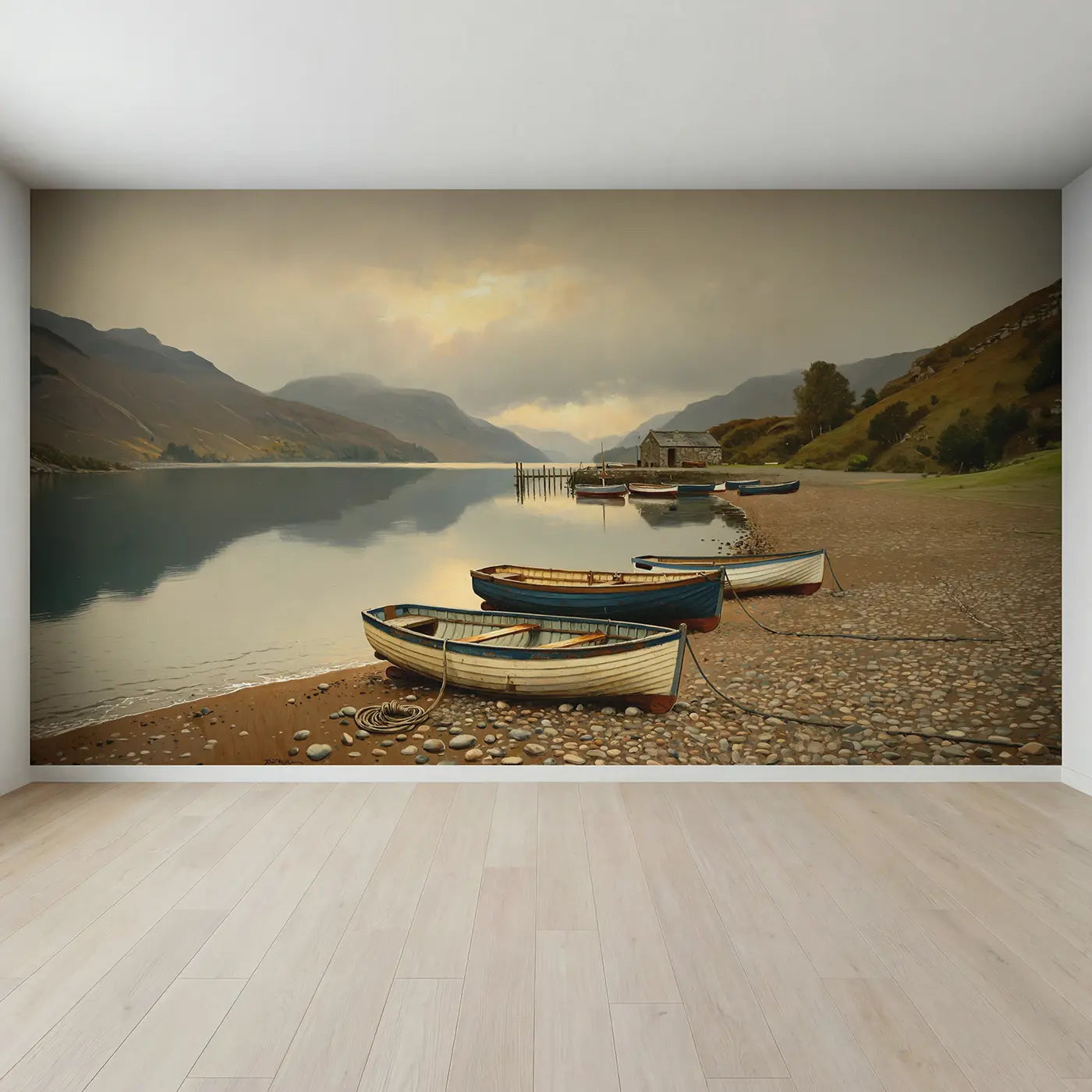 Full view of Highland Loch Fishing Boats Wallpaper Mural by Whimsy Tots