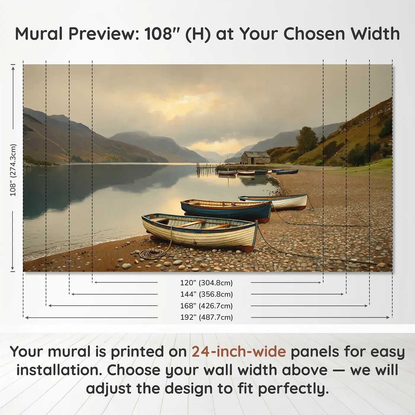 Panel layout and dimensions for Highland Loch Fishing Boats Wallpaper Mural by Whimsy Tots