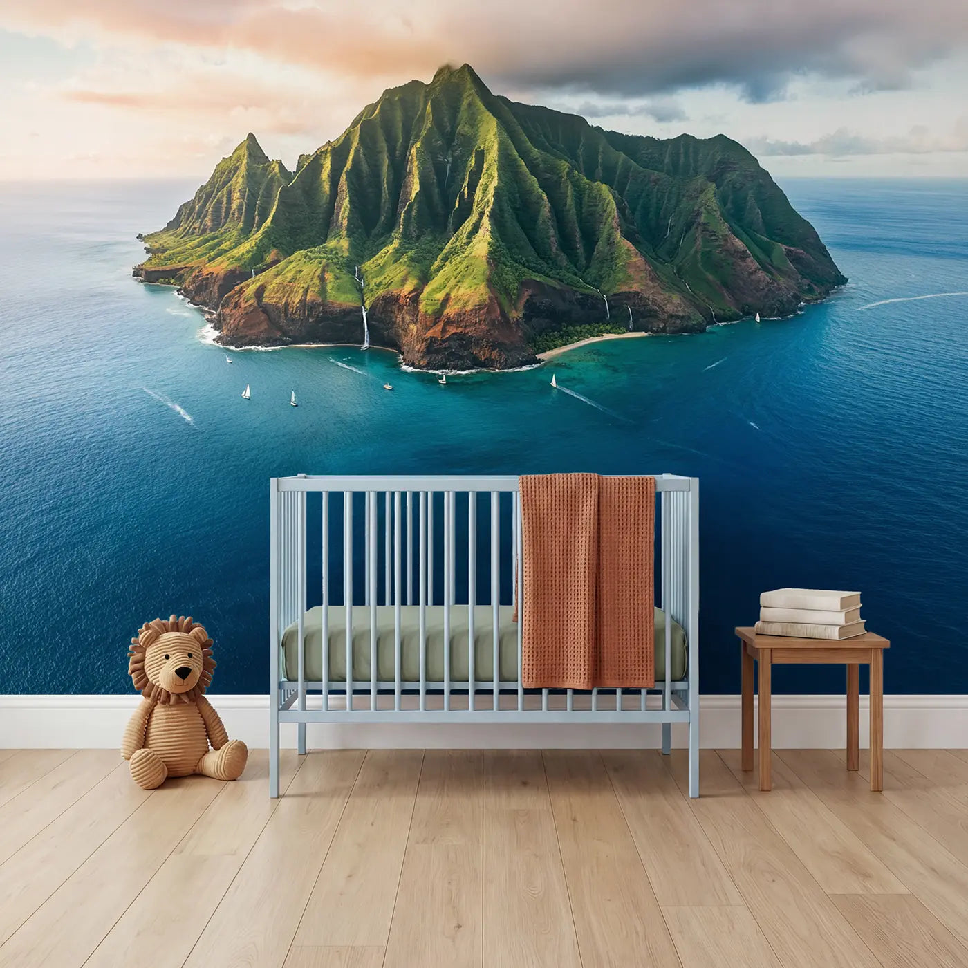 Soft pastel volcanic island peaks ocean wallpaper mural for nursery by Whimsy Tots